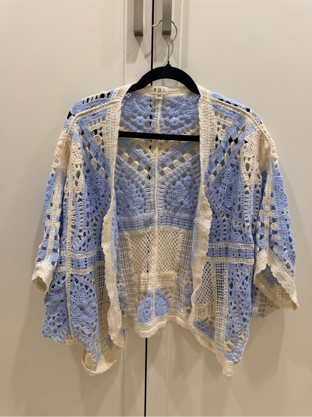 POL Crochet Open-Front Shrug in Blue and Cream